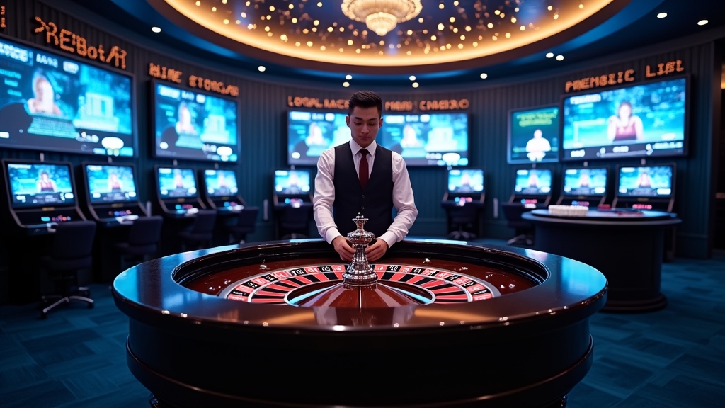 Dealer ao vivo em uma mesa de roleta com telas de transmissão e clima de cassino