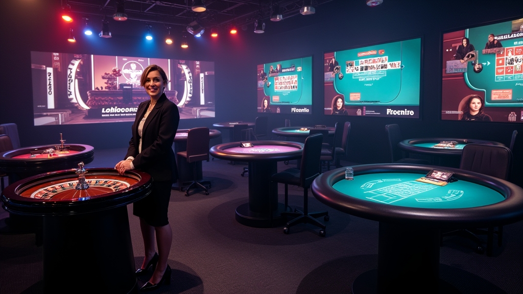 Estúdio de cassino ao vivo com mesas de roleta, blackjack e bacará em alta qualidade